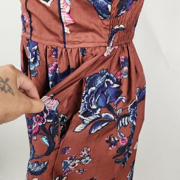 Band of Gypsies Brown Floral Smocked Bustier Fit Flare Mini Sundress Pockets M - Picture 4 of 11